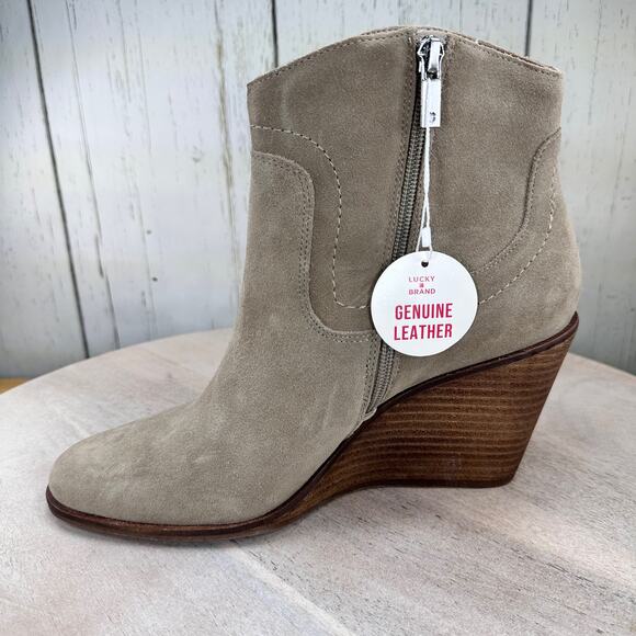 Lucky Brand Waider Womens Ankle Bootie Size 10 Leather Taupe Wedge Boots New - Picture 6 of 11